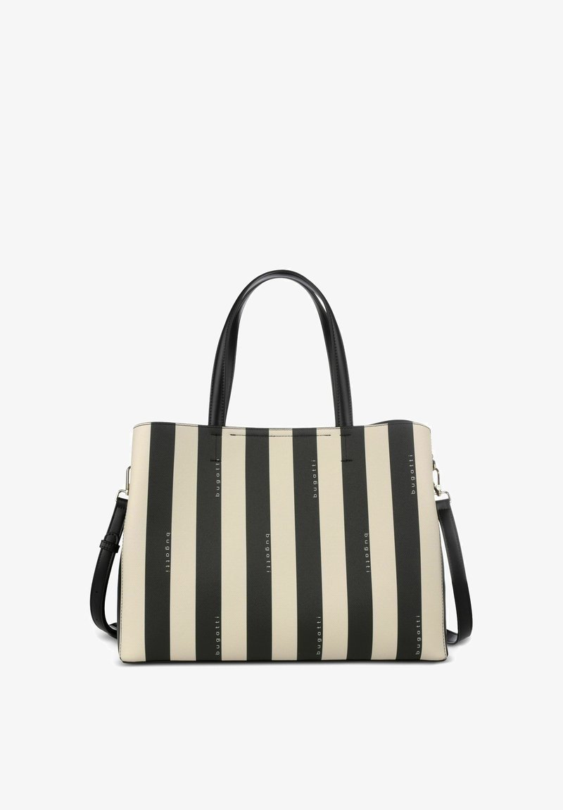 Sac à main rectangulaire rayé verticalement noir et beige avec deux poignées et une bandoulière ajustable.