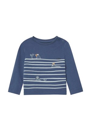 Blaues Baby-Langarmshirt mit weißen horizontalen Streifen und drei verspielten Robbenillustrationen mit Hüten auf der Vorderseite, Druckknöpfe an der Schulter.