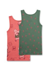Twee tanktops: de ene in koraal met een cartoon olifantenprint, de andere groen met bordeauxrode sterpatronen. Beide zijn gemaakt van zachte katoen.