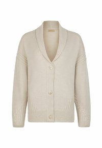 Cardigan en tricot beige avec col châle, doté de trois boutons, de poignets côtelés et de détails en maille torsadée sur les manches.