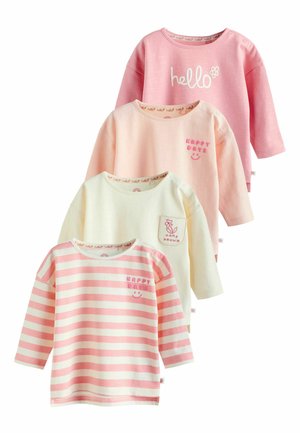 Vier Langarmoberteile in Rosa- und Cremetönen. Merkmale sind Drucke mit "hello", "HAPPY DAYS" und einem floralen Design. Aus weichem Baumwollstoff.
