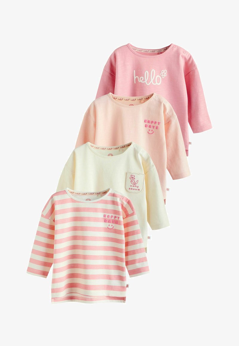 Quatre tops à manches longues dans des teintes de rose et de crème. Les caractéristiques incluent des imprimés : "bonjour", "JOURS HEUREUX" et un design floral. Tissu en coton doux.