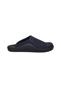 Navy blue slip-on slipper featuring a textured fabric upper, black rubber sole, and curved design for comfort. Logo accent on side.