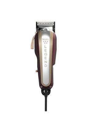 Elektrische tondeuse met snoer, metalen messen en een bordeauxrode en zilveren behuizing met het label "Wahl Legend" op een witte achtergrond.