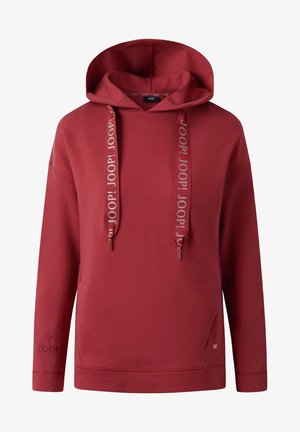 Red hooded sweatshirt with long sleeves, front pocket, and branded drawstrings reading "JOOP!" on both sides.