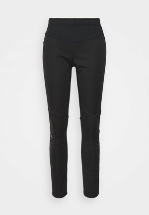 Black athletic leggings with a high waistband, smooth texture, logo detail, and side panel accents for added visual interest.