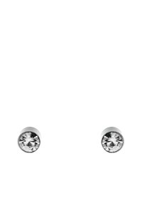 Boucles d'oreilles en argent avec des rhinestones clairs et ronds ayant des surfaces facettées pour la réflexion de la lumière. Design simple et minimaliste.