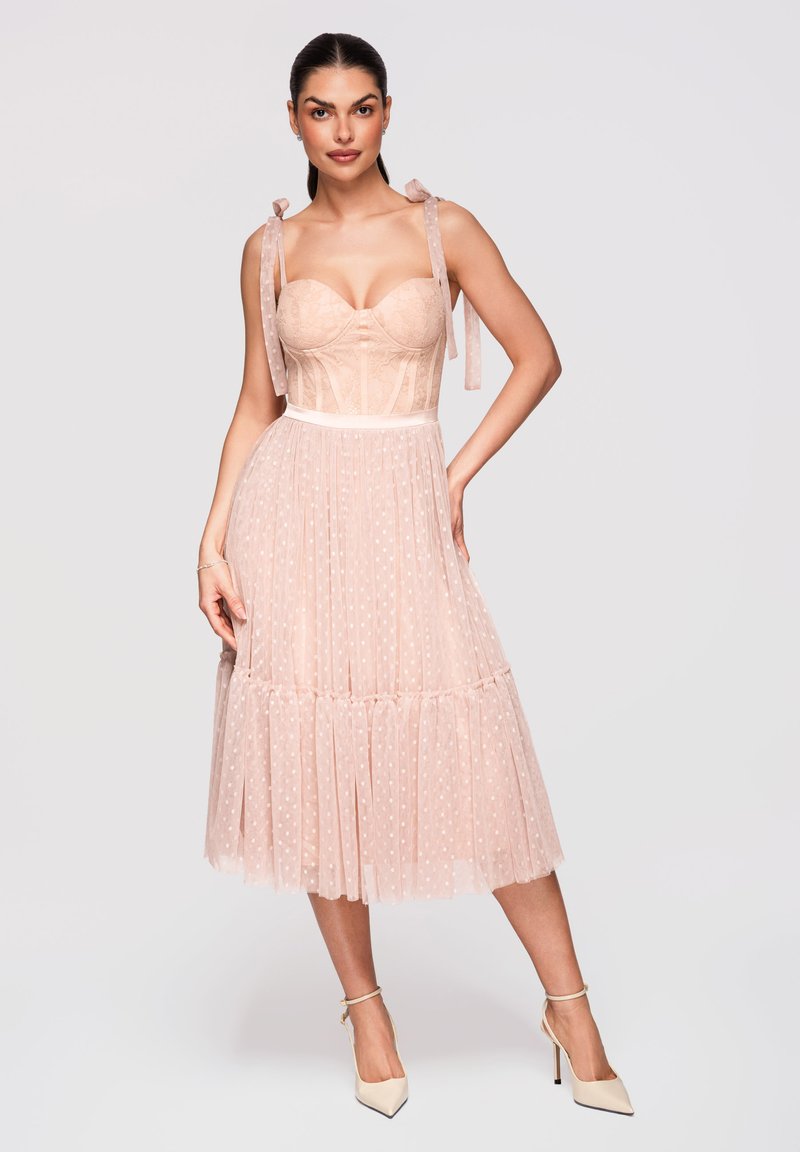 RARE Abito Donna Floreale Midi Rosa | Scollo Quadrato, Maniche A Palloncino, Vestibilità Morbida, Taglia 44