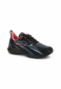 Black athletic shoe with a mesh upper, pink interior, and gray accent stripes. Features a textured sole and a pull tab at the heel.