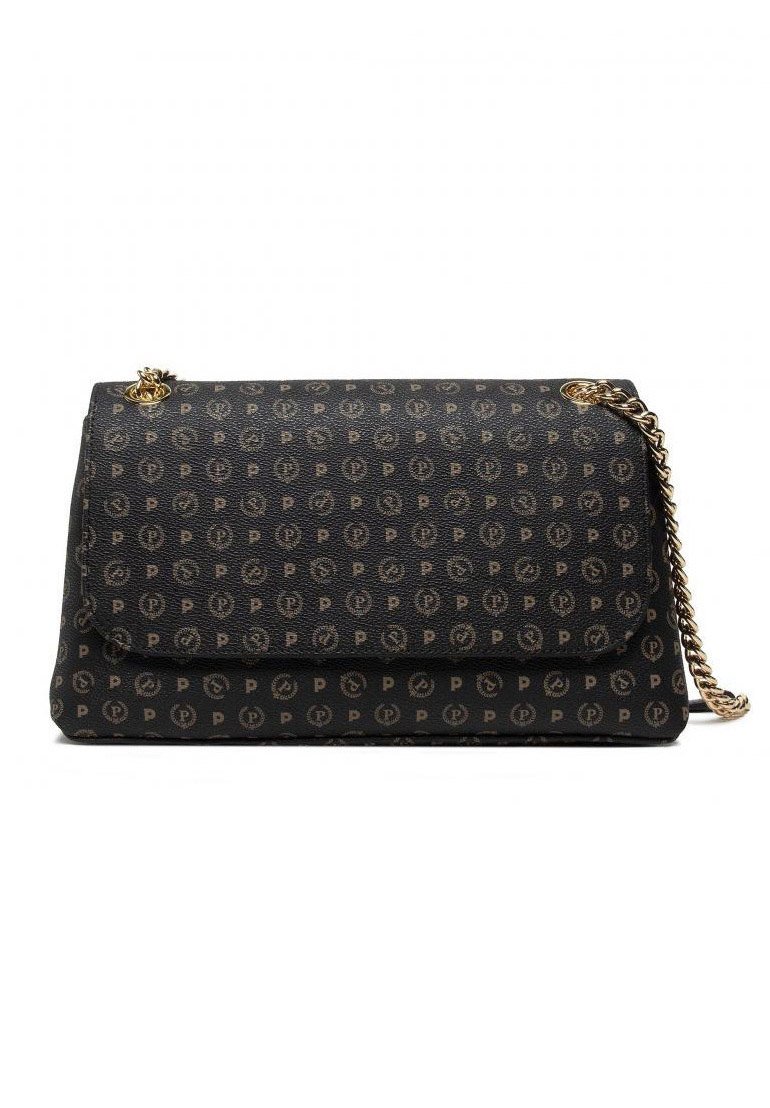 Borsa a mano in tessuto nero con motivo logo ripetuto, tracolla in catena dorata e chiusura a patta. Superficie texturizzata e forma rettangolare.