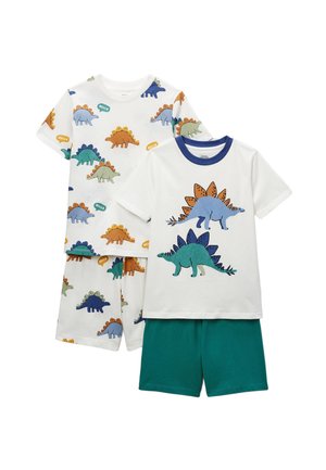 Deux ensembles de pyjamas enfants à manches courtes avec des imprimés colorés de stégosaures ; un ensemble a un haut et un short à motifs, l'autre a de grandes images de dinosaures avec un short uni couleur sarcelle.