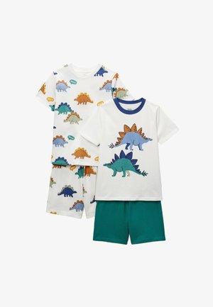 Deux ensembles de pyjamas enfants à manches courtes avec des imprimés colorés de stégosaures ; un ensemble a un haut et un short à motifs, l'autre a de grandes images de dinosaures avec un short uni couleur sarcelle.