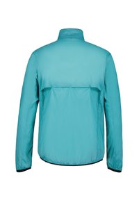 Lichtgewicht turquoise jack met een hoge kraag, met een gladde textuur en elastische mouwen, ontworpen met minimale stikdetails.