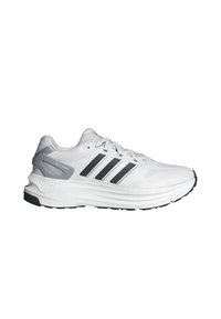 Zapatilla deportiva blanca con acentos grises, que presenta tres franjas negras. Parte superior de malla texturizada, suela acolchada y suela de goma para mejor tracción.