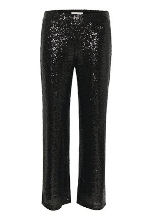 Černé flitrové kalhoty s rovnými nohavicemi, pokryté lesklými, texturovanými flitry po celém povrchu. Lehká tkanina s elastickým pasem.