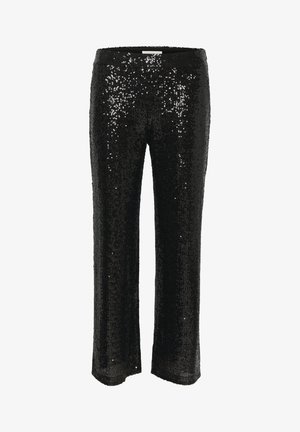 Černé flitrové kalhoty s rovnými nohavicemi, pokryté lesklými, texturovanými flitry po celém povrchu. Lehká tkanina s elastickým pasem.