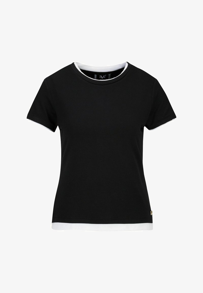 Black short-sleeve T-shirt made of cotton, features a round neck with a white inner trim and a white hem detail at the bottom.