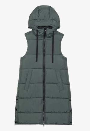 Veste sans manches matelassée en nylon vert foncé avec une capuche, fermeture éclair à l'avant et deux poches latérales. Dotée de fermetures à pression au bas.