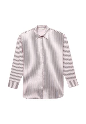 Koszula na długi rękaw, zapinana na guziki, z wąskimi pionowymi czarnymi paskami na jasnoróżowym tle, kołnierzem typu spread i mankietami zapinanymi na guziki.