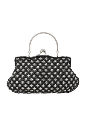 Fekete estélyi kuplung ezüst gyöngydíszes virágmintával, fém kerettel, csattanózáras kapoccsal és ezüst fém fogantyúval.