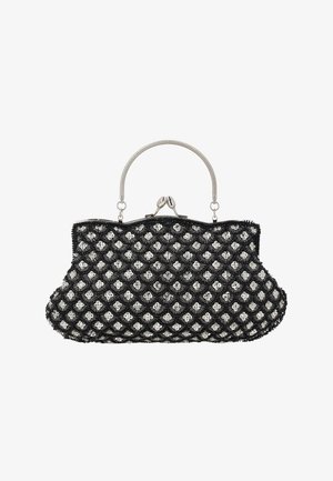 Fekete estélyi kuplung ezüst gyöngydíszes virágmintával, fém kerettel, csattanózáras kapoccsal és ezüst fém fogantyúval.