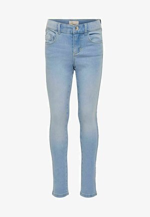Jeans skinny azzurri chiari realizzati in denim. Presentano cinque tasche, una chiusura frontale con bottone e una texture liscia con leggera scoloritura.