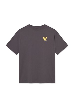 Dunkelgraues Baumwoll-T-Shirt mit kurzen Ärmeln, Rundhalsausschnitt und einem kleinen gelben 'W'-Logo auf der linken Brust.