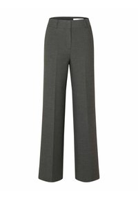 Pantaloni a gamba larga in tessuto grigio medio, con fronte piatto, taglio dritto e linee pulite. Senza tasche visibili o dettagli in metallo.
