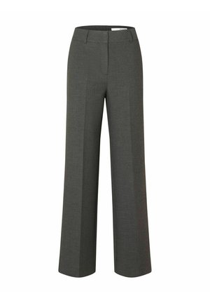 Pantalons larges en tissu gris moyen, avec un devant plat, une coupe droite et des lignes épurées. Pas de poches visibles ni de détails en matériel.