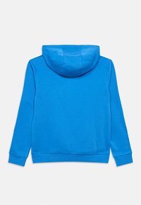 Sweat à capuche bleu uni vu de dos avec manches longues et poignets et ourlet côtelés sur fond blanc.