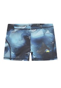 Costume da bagno in diverse tonalità di blu con un motivo di raggi e elementi marini; realizzato in tessuto morbido con cintura elastica e tasca laterale.