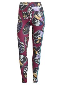 Collants avec un fond bourgogne vibrant et un imprimé de papillons de différentes couleurs. Texture lisse avec une coupe ajust�ée et des accents sur les côtés.