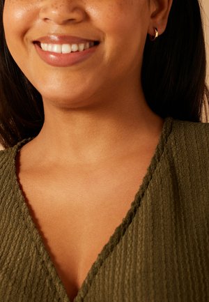 Smiling woman wearing small gold hoop earrings and an olive green textured V-neck top, close-up of lower face and neck.