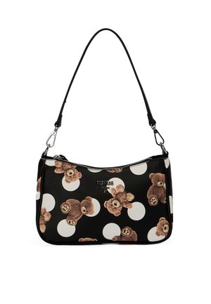 Borsa a tracolla nera con pois bianchi e stampe di orsacchiotti marroni, cerniera argento e clip rimovibili della tracolla.