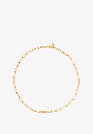 Gold chain necklace featuring elongated link design with alternating bar accents. Fastened with a spring clasp and logo tag.