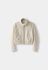 Cropped light beige jacket made of soft material, featuring a high collar, front zipper, and two front pockets with elastic waistband.