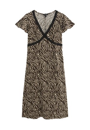 Vestido de manga corta con estampado de cebra en tonos marrón y beige, escote en V y detalle de encaje negro alrededor del busto y la cintura.