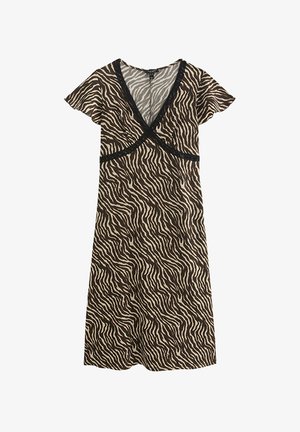 Bruin en beige jurk met zebraprint, korte mouwen, V-halslijn en zwarte kanten rand rond de borst en taille.