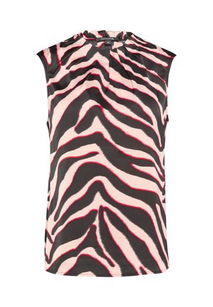 Top bez rękawów z gładkiego materiału, w czarno-kremowy wzór zebry z czerwonymi akcentami. Zgromadzony dekolt, prosty dół.