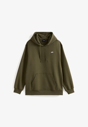 Olive green hoodie with a front pocket, drawstring hood, and small logo on the chest. Made from soft, smooth fabric with ribbed cuffs.