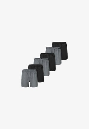 Ein Set aus sechs Boxershorts in schwarz und grau gestreiften Mustern. Sie verfügen über einen elastischen Bund und eine lockere Passform für maximalen Komfort.