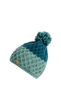 Gebreide beanie in teal en lichtgroen, met een textuurpatroon, een ronde vorm en een pompon bovenop. Merkenlabel bevestigd.