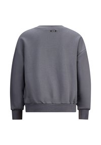 Felpa grigia con collo a giro, orlo e polsini a costine. Texture liscia con una piccola etichetta del marchio sul retro del collo. Design semplice.