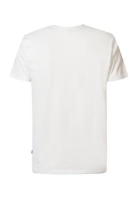 White cotton t-shirt, crew neck, short sleeves, standard fit. Smooth texture, no patterns, features a small logo on the side.