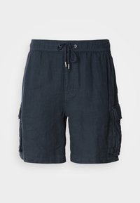 Shorts cargo pour hommes en bleu marine foncé, fabriqués en tissu léger, avec une taille élastique et un cordon de serrage, ainsi que deux poches latérales.