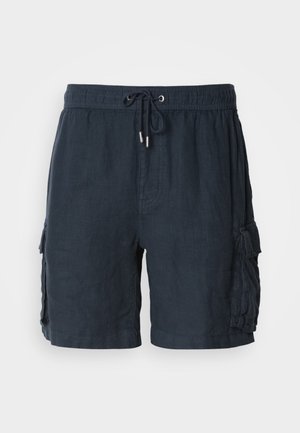 Mørkeblå cargo-shorts for menn, laget av lett materiale, med elastisk midje og snøring, samt to sidelommer.