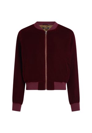 Bordeaux fluwelen bomberjack met een rits aan de voorkant, ribgebreide mouwen en onderkant, met zijzakken en een ronde halslijn. Zachte textuur, slim fit.