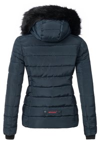 Navy blue puffer jacket with horizontal stitching, a fur-lined hood, and elastic cuffs. Features a red brand logo at the base.