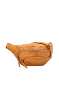Ruda odinė fanny pack maišelis su keliais užtrauktukais, kreivai formuotas ir tekstūruotas paviršius. Reguliuojama juosta užtikrintam nešiojimui.