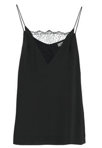 Robe nuisette noire avec fines bretelles spaghetti et insert en dentelle en forme de V au niveau du décolleté.
